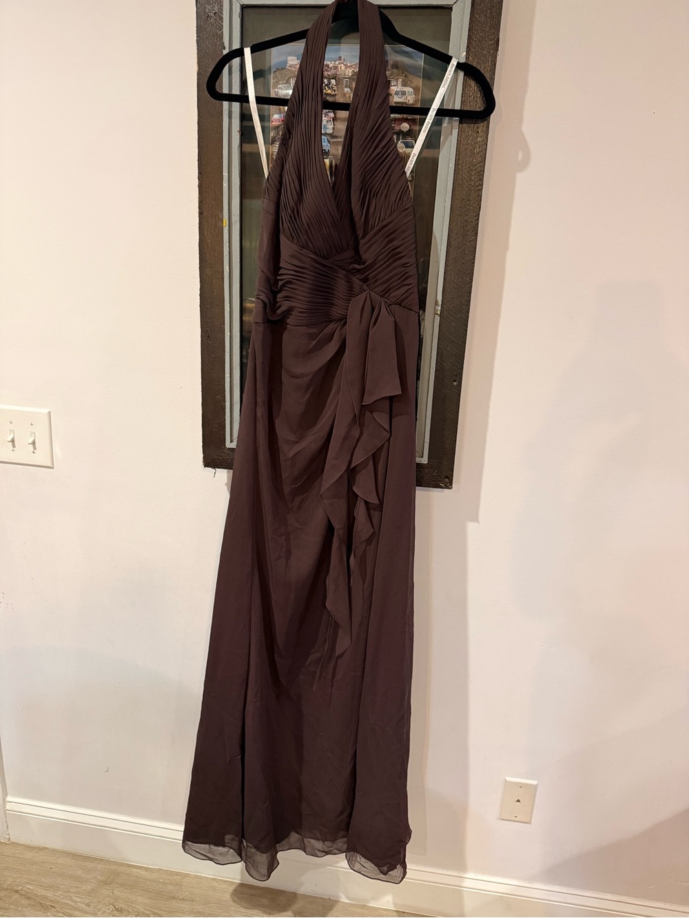David's Bridal Brown Halter Maxi Dress with Ruffle Detail